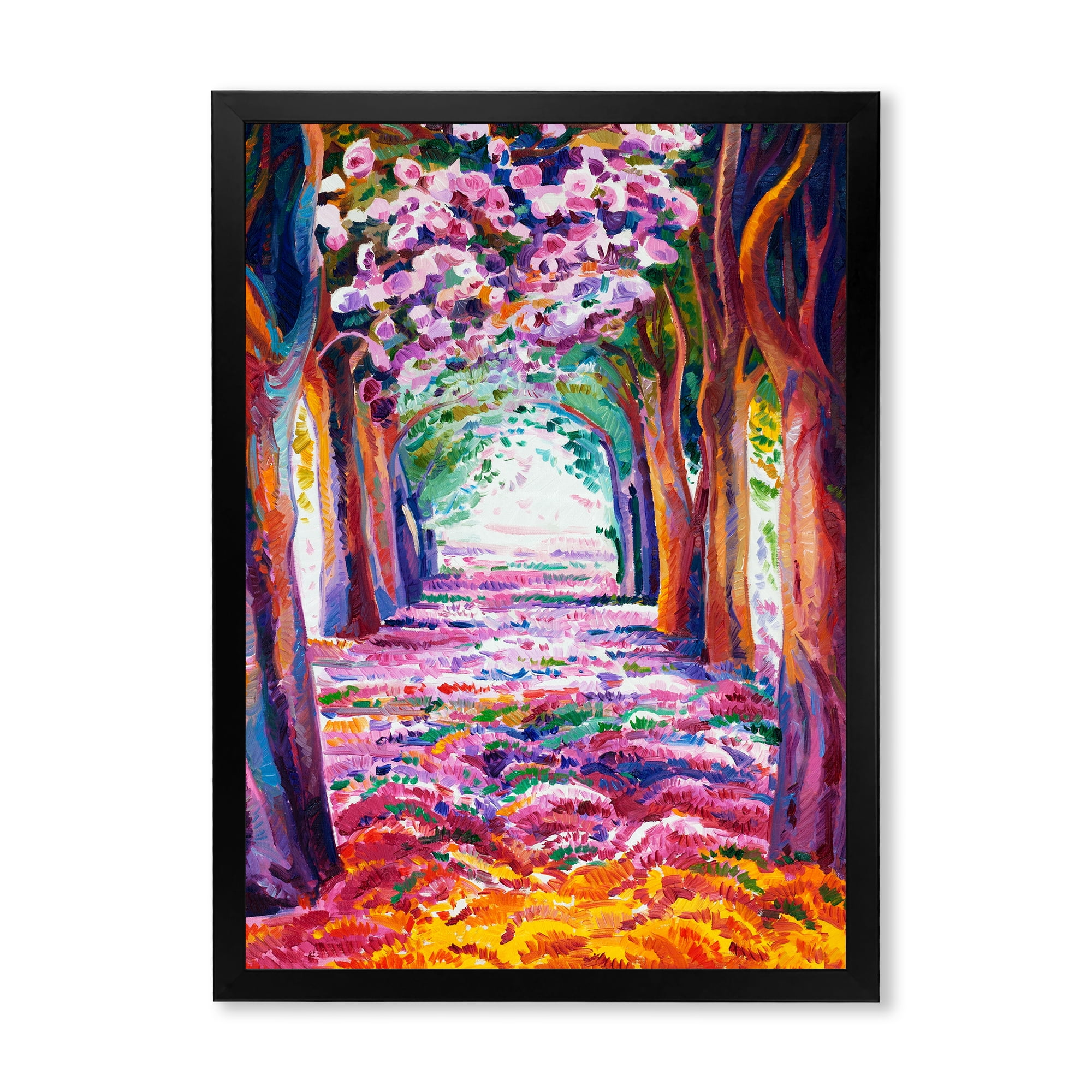 Pink Flowering Colorful Spring Forest 30 in x 40 in Framed Painting Canvas Art Print, by Designart