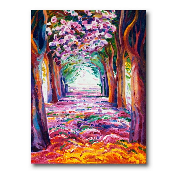 Pink Flowering Colorful Spring Forest 8 in x 12 in Painting Canvas Art Print, by Designart