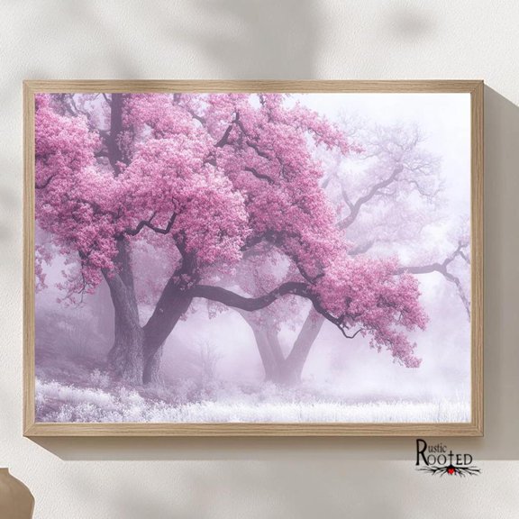 Pink Flowering Tree Fog Springtime Farmhouse Wall Art Unframed Paper Print