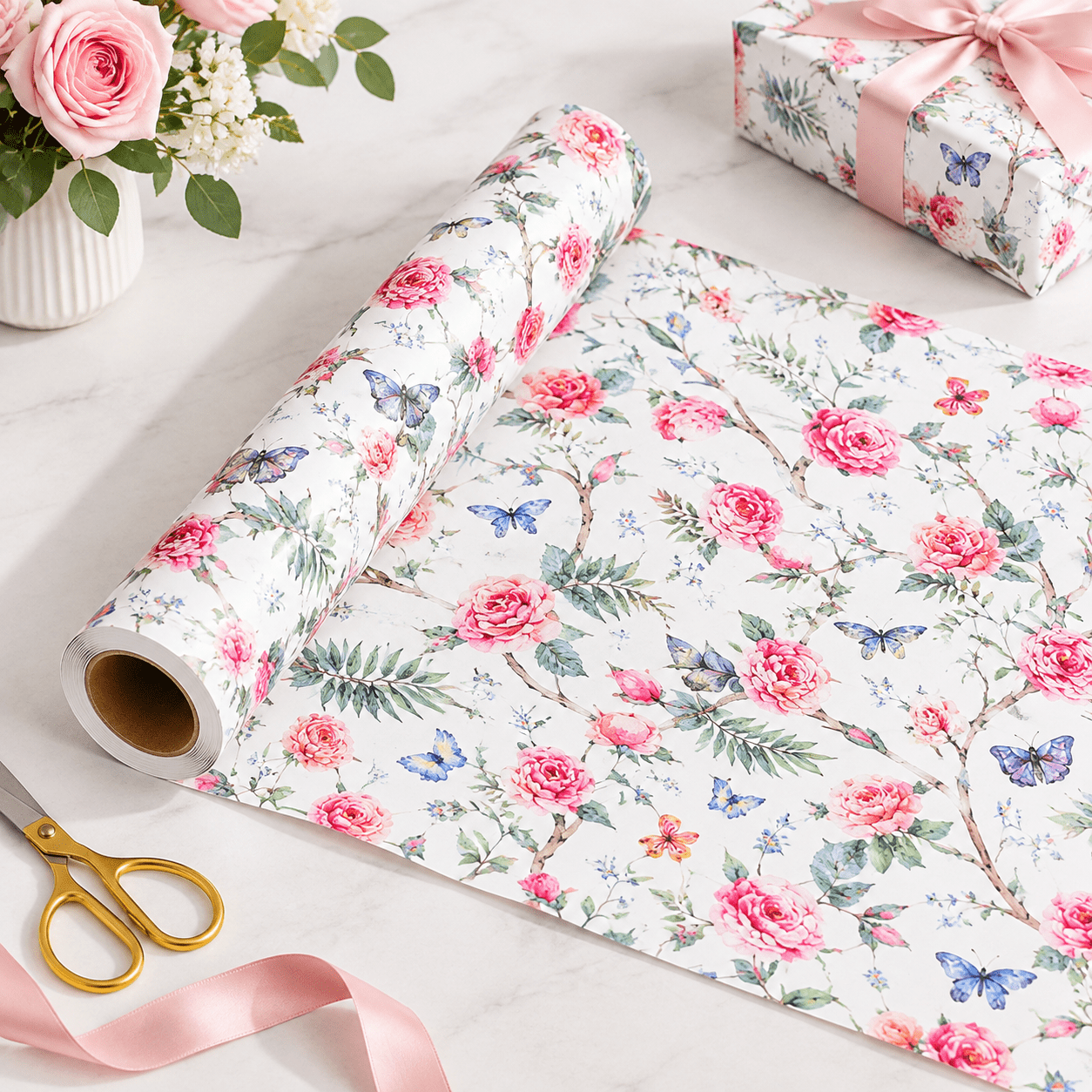 Pink Flowers 17 inch x 32.8 ft Gift Wrap Paper Roll with Butterfly and ...