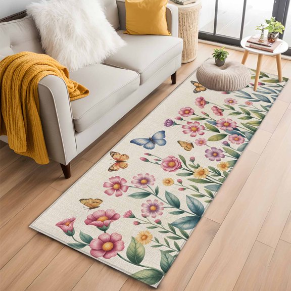 Pink Flowers 2'x6' Runner Rugs for Hallway Kitchen Bedside Non Slip, Spring Floral Butterfly Leaves Plants Retro Beige Entryway Rug Runners with Rubber Backing, Long Carpet Runner for Laundry Room