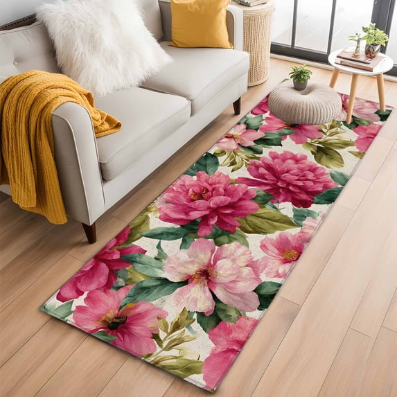 Pink Flowers 2'x6' Runner Rugs for Hallway Kitchen Bedside Non Slip, Spring Watercolor Floral Leaves Plants Beige Entryway Rug Runners with Rubber Backing, Long Carpet Runner for Laundry Room