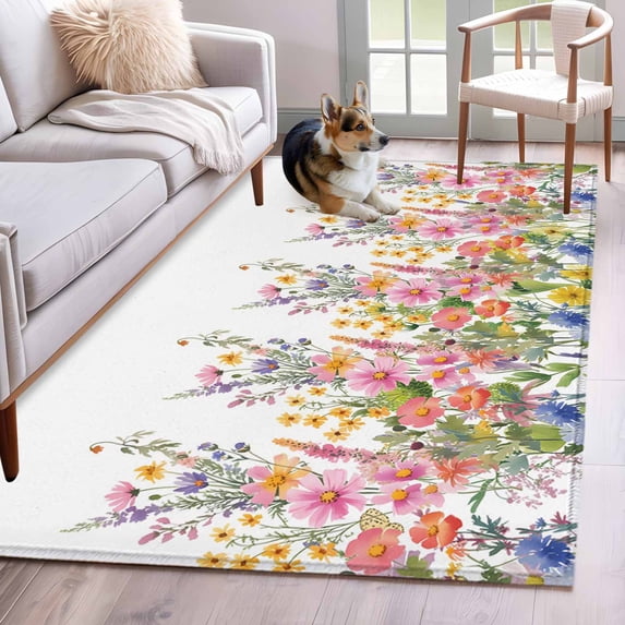 Pink Flowers 3'x5' Washable Rug, Spring Floral Daisy Farmhouse Pastoral Botanical Non-Slip Area Rugs for Entryway Kitchen Classroom, StainResistant Dorm Throw Carpet, Low Pile Soft Indoor Floor Mat