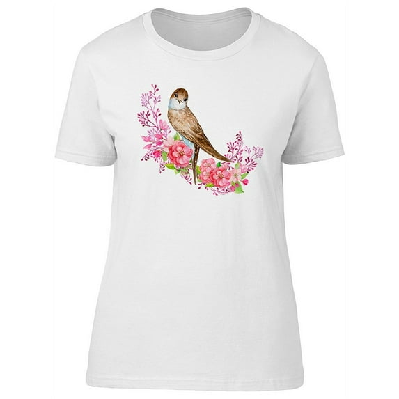 Pink Flowers And Watercolor Bird T-Shirt Women -Image by Shutterstock, Female x-Large