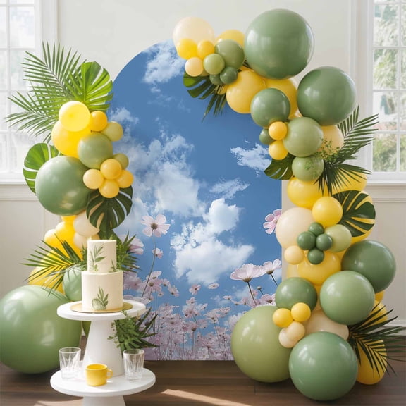 Pink Flowers Arch Backdrop Cover, 5FT, with Blue Sky and White Clouds Spandex Arch Covers Double-Sided Backdrop for Wedding Birthday Party Photo Background Decoration
