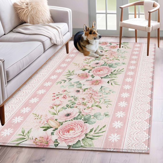 Pink Flowers Area Rug 4'x6', Romantic Botanical Blooms Floral Stripes Washable Non-Slip Rugs, Low Pile Large Carpet for Living Room Bedroom Dining Room Kitchen Office Indoor Mat