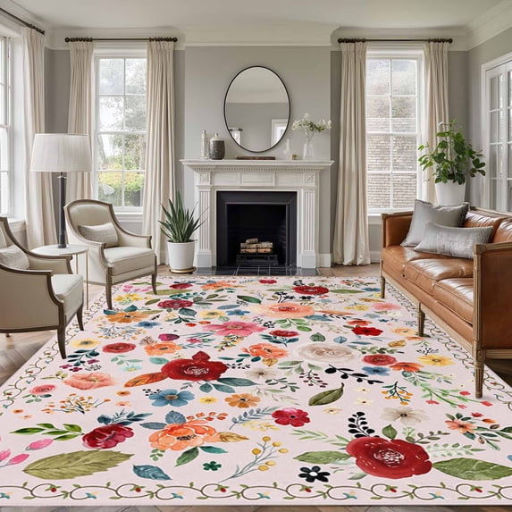 Pink Flowers Area Rug 8x10 Washable Rug Non Slip Spring Farmhouse Floral Leaves Vintage Large Area Rug Soft Stainresistant Indoor Floor Carpet for Living Room Bedroom Home Office Dining Room Nursery
