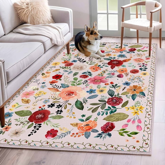 Pink Flowers Area Rugs 2.7'x5', Washable Small Throw Rugs for Kitchen Bedroom, Spring Farmhouse Floral Leaves Vintage Indoor Outdoor Rug Non-Slip Low Pile Carpet Runner Reversible Floor Mats