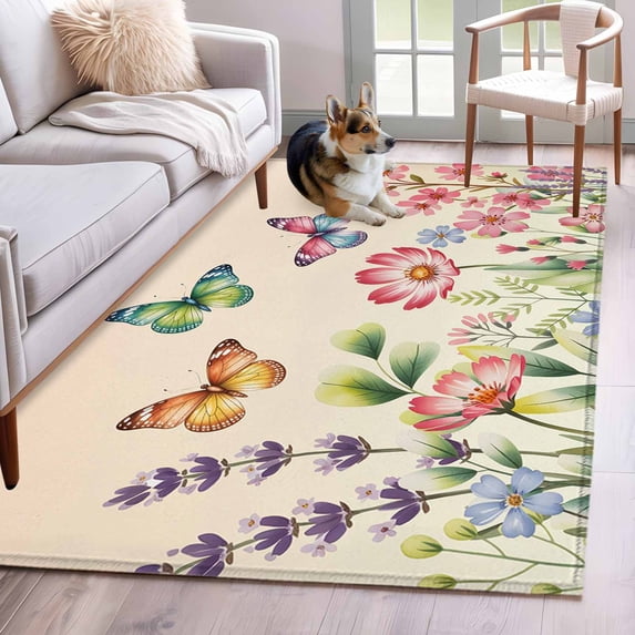 Pink Flowers Area Rugs 4'x6', Small Throw Rugs for Office Bathroom, Spring Floral Butterfly Elegant Pastoral Botanical Indoor Outdoor Rug Non-Slip Low Pile Carpet Runner Reversible Floor Mats