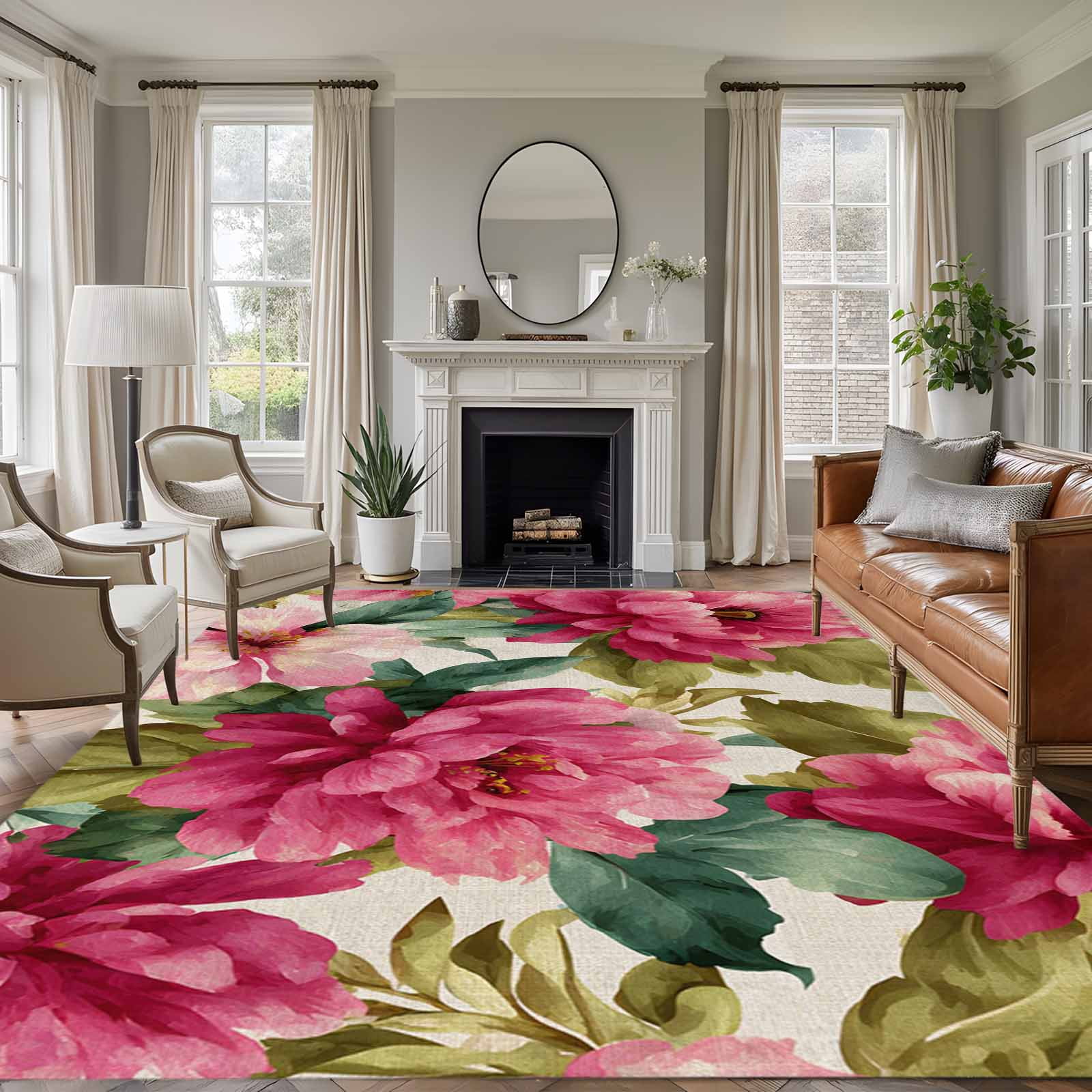 Pink Flowers Area Rugs 5'x7', Small Throw Rugs for Laundry Room Playroom, Spring Watercolor Floral Leaves Plants Beige Indoor Outdoor Rug Non-Slip Low Pile Carpet Runner Reversible Floor Mats