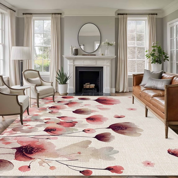Pink Flowers Area Rugs 6'x9', Washable Small Throw Rugs for Kitchen Dining room, Spring Watercolor Botanical Floral Beige Indoor Outdoor Rug Non-Slip Low Pile Carpet Runner Reversible Floor Mats
