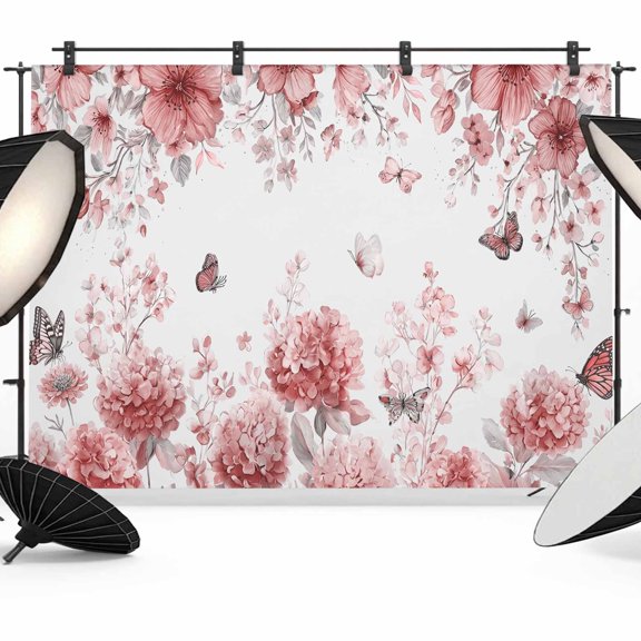 Pink Flowers Backdrops for Photography, Watercolor Hydrangeas Butterfly Botanical Floral Fabric Photo Background Sturdy Studio Props for Photo Studio, Video Recording, Booth & Photoshoot 7x5ft