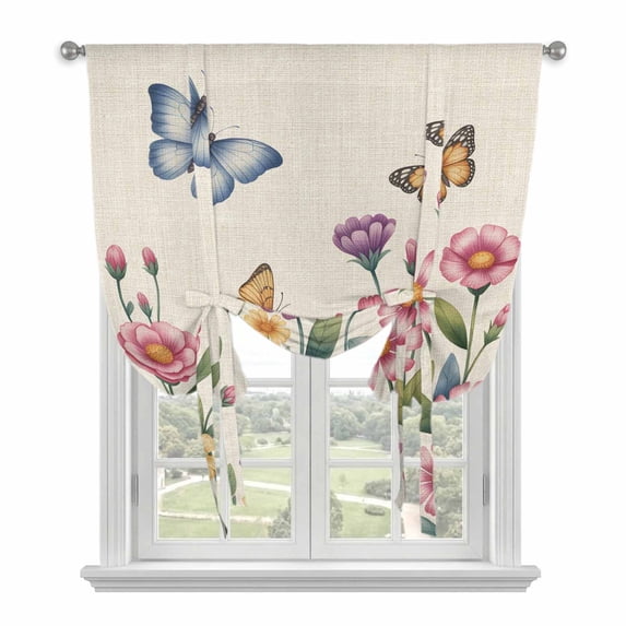 Pink Flowers Balloon Curtains for Windows, Bedroom Curtains 54 Inch Length, Spring Floral Butterfly Leaves Plants Retro Beige Tie Up Curtains Panels Thermal Insulated Bathroom Curtains Window 42"x54"