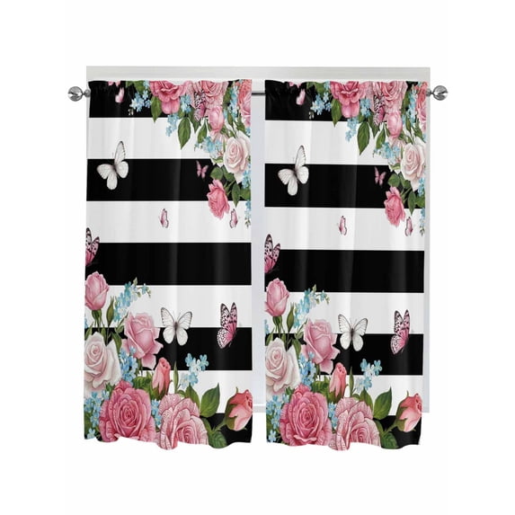 Pink Flowers Bathroom Window Curtain, Spring Floral Butterflies Black White Striped Farmhouse Light Filtering Coffee Kitchen Curtains, Bedroom Living Room Curtains 2 Panel 84"x63"