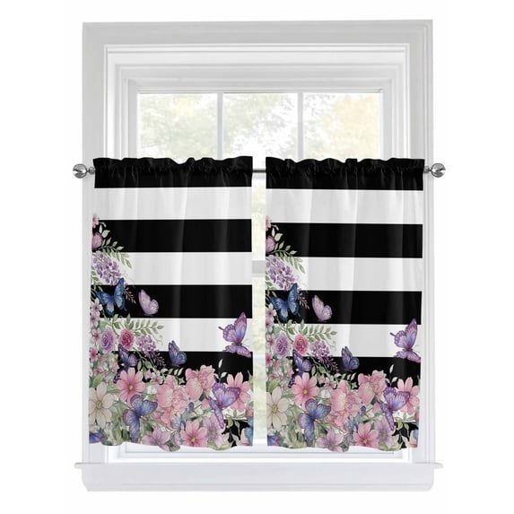 Pink Flowers Bathroom Window Curtain, Spring Floral Watercolor Botanical Farmhouse Striped Light Filtering Coffee Kitchen Curtains, Bedroom Living Room Curtains 2 Panel 84"x45"
