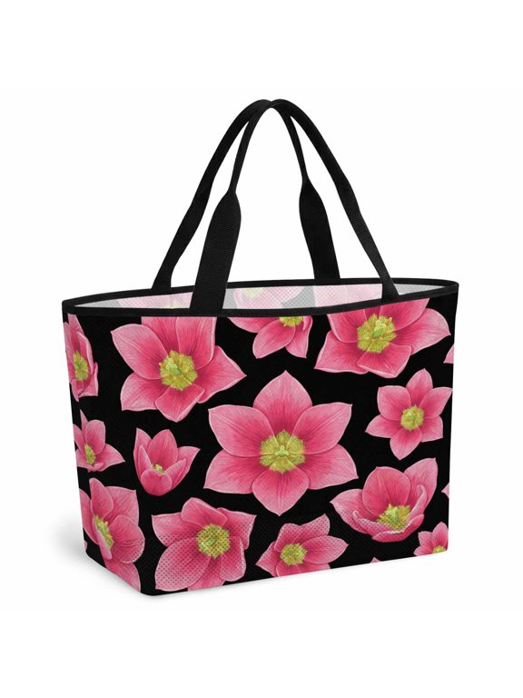 Pink Flowers Beach Bag for Women, Large Breathable Mesh Beach Tote Bag, Botanical Budding Blooms Floral Plants Sandproof Lightweight Travel Bags for Vacation Picnic Swimming Pool 15.7"x15.7"x9.1"