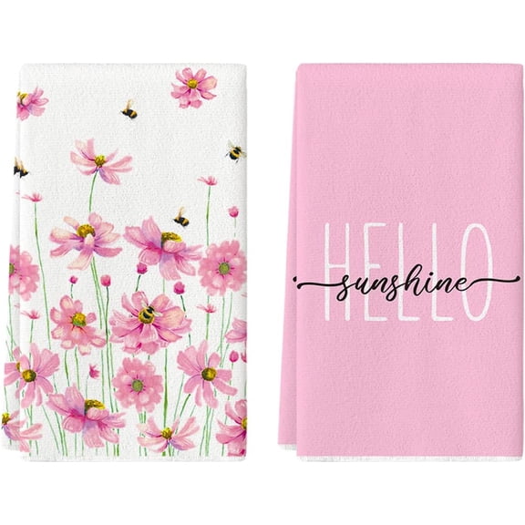 Pink Flowers Bee Hello Sunshine Spring Kitchen Towels Dish Towels, 18x26 Inch Seasonal Summer Holiday Decoration Hand Towels Set of 2