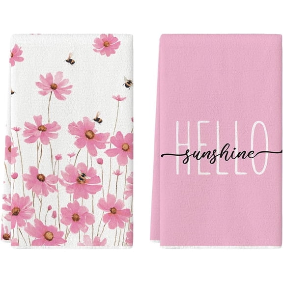 Pink Flowers Bee Hello Sunshine Spring Kitchen Towels Dish Towels, 18x26 Inch Seasonal Summer Holiday Decoration Hand Towels Set of 2