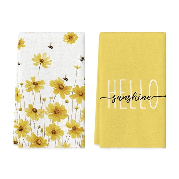 Pink Flowers Bee Hello Sunshine Spring Kitchen Towels Dish Towels, 18x26 Inch Seasonal Summer Holiday Decoration Hand Towels Set of 2