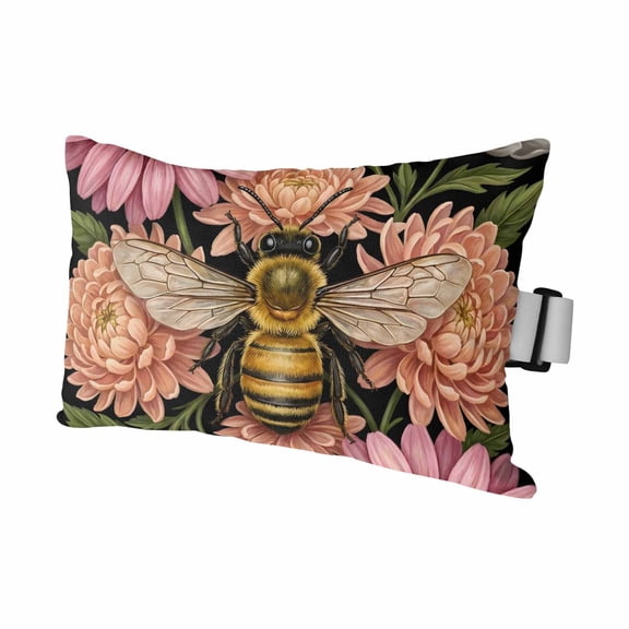 Pink Flowers Bee Outdoor Pillows for Chaise Lounge Chair Waterproof Lumbar Pillows with Insert&Adjustable Elastic Strap Beach Headrest Pillow Spring Floral Watercolor Botanical Pool Pillow 11"x16"