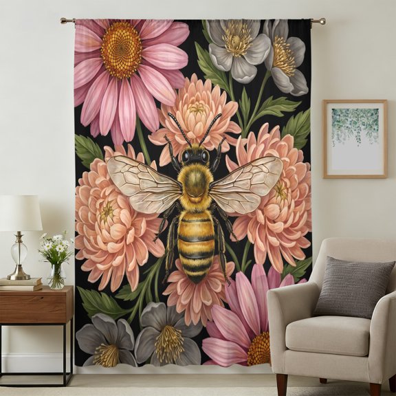 Pink Flowers Bee Sheer Curtains 72 Inches Long for Living Room, Spring Floral Watercolor Botanical Light Filtering Privacy Drapes, Breathable Semi Sheer Window Treatment for Bedroom Dining Room