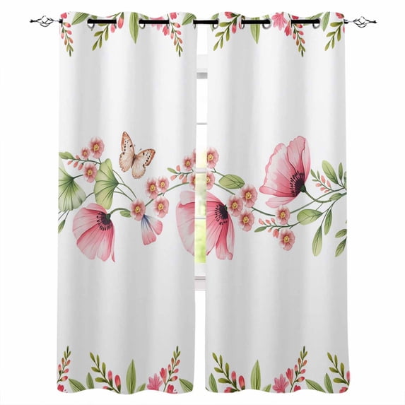 Pink Flowers Blackout Curtains for Bedroom, Thermal Insulated Window Treatment, Sping Botanical Floral Leaves Butterflyvines Grommet Top Blackout Draperies and Drapes for Basement 27.5"x39" 2 Panels