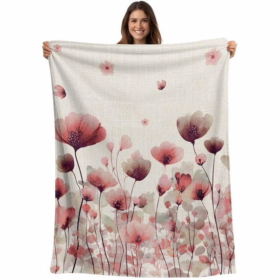 Pink Flowers Blanket Soft Cozy Warm Throw Blanket for Couch, Plush Fuzzy Flannel Fleece Blankets for Sofa, Spring Watercolor Botanical Floral Beige Bed Blankets Lightweight Gifts for Women, 32"x48"