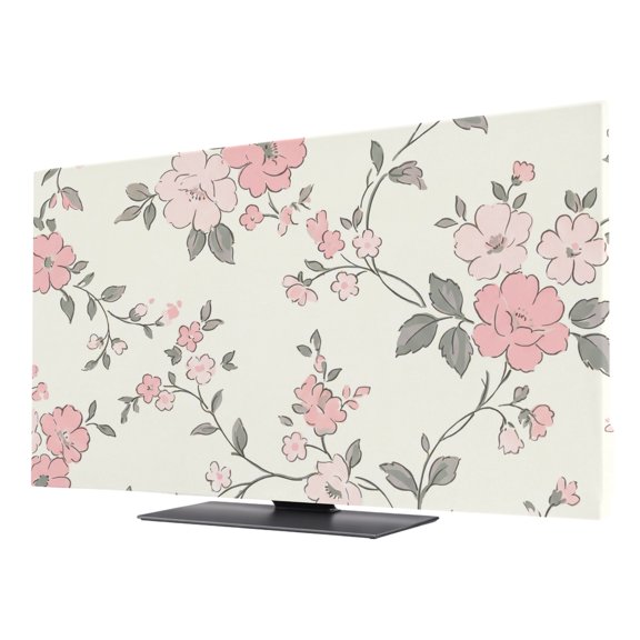 Pink Flowers Blossoms TV Cover for 50 Inch Screen, Stretch Fabric Dustproof TV Display Protector, Vintage Farmhouse Floral Elastic Slipcover Monitor Cover for Indoor Desktop Computer 43.6"x24.5"