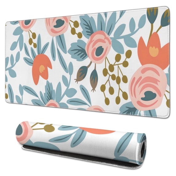 Pink Flowers and Blue Leaves Desk Mouse Pad Pad Mouse Waterproof Non Slip for Office Home Work Gaming Desktop Tables Mousepad Rubber Base Mousepad with Stitched Edges 35.4x15.7inches