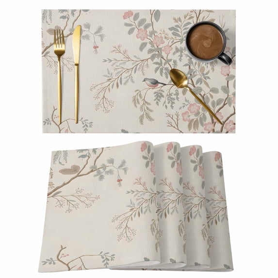 Pink Flowers Branch Placemats Set of 6, Bird Green Gray Leaves Farm Plant Vintage Non-Slip Place Mats Washable Table Mats for Kitchen Dining Table Decorations Indoor/Outdoor