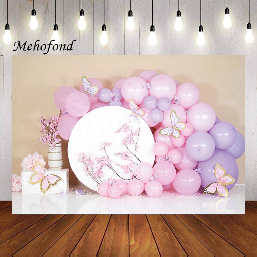 Pink Flowers Butterfly Balloons Girls Birthday Party Cake Smash ration ...