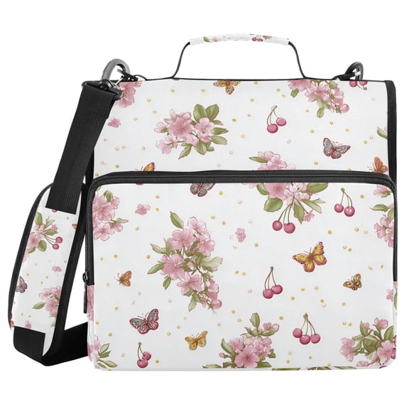 Pink Flowers Cherries Butterflies Elegant Spring Binder Bag with Shoulder Strap 3 Ring Zipper Binder File Folder Document Storage