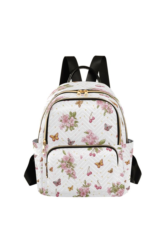 Pink Flowers Cherries Butterflies Elegant Spring Quilted Backpack Fashion Daypack Commuter Bag for Women 8.5 L