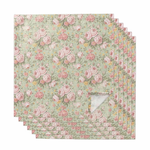 Pink Flowers Cloth Napkins, Green Country Botanical Floral Leaves Washable and Reusable Dinner Napkins Set of 6, Table Napkin for Kitchen Party Birthday Wedding Hotel Housewarming 20"x20"