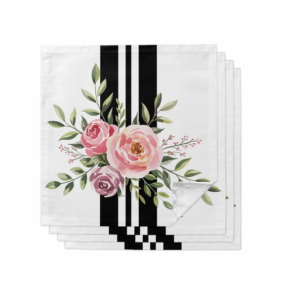 Pink Flowers Cloth Napkins Set of 4 Reusable Dinner Napkins, Romantic Floral Leaves Black Striped Cocktail Napkin Washable Table Napkins for Wedding/Holiday Party/Baby Shower 20"x20"