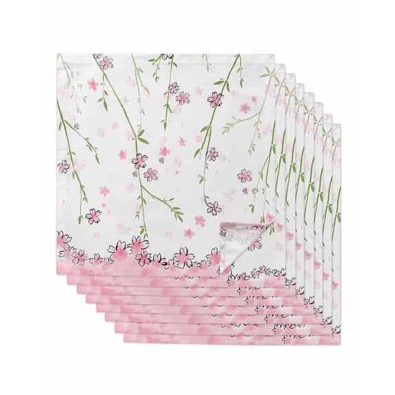 Pink Flowers Cloth Napkins Set of 8 Reusable Dinner Napkins, Cartoon Botanical Floral Vines Leaves Cocktail Napkin Washable Table Napkins for Wedding/Holiday Party/Baby Shower 20"x20"