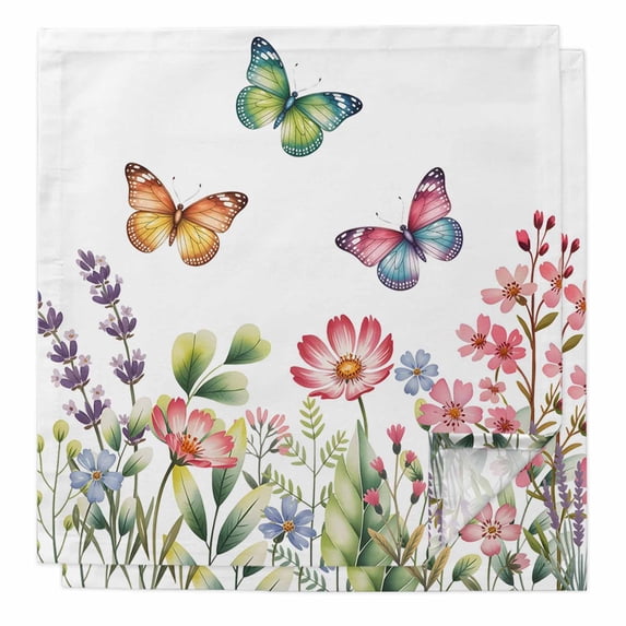 Pink Flowers Cloth Napkins, Spring Floral Butterfly Elegant Pastoral Washable and Reusable Dinner Napkins Set of 2, Table Napkin for Kitchen Party Birthday Wedding Hotel Housewarming 20"x20"