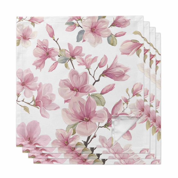 Pink Flowers Cloth Napkins, Spring Watercolor Botanical Floral Leaf Plant Washable and Reusable Dinner Napkins Set of 4, Table Napkin for Kitchen Party Birthday Wedding Hotel Housewarming 20"x20"