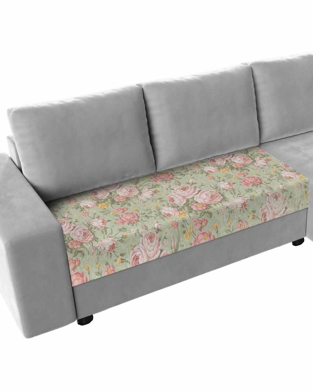 Pink Flowers Couch Cushion Covers,Stretch Seat Cushion Covers for Sectional Sofa,Green Country Botanical Floral Leaves Loveseat Sofa&nbsp;Slipcovers Furniture Protector with Elastic Straps 1Pcs, M
