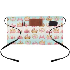 Pink Flowers Crown Waitress Apron with 3 Pockets, Spring Floral Roses Romantic Elegant Server Aprons Waterproof Kitchen Restaurant Half Waist Apron for Men Women