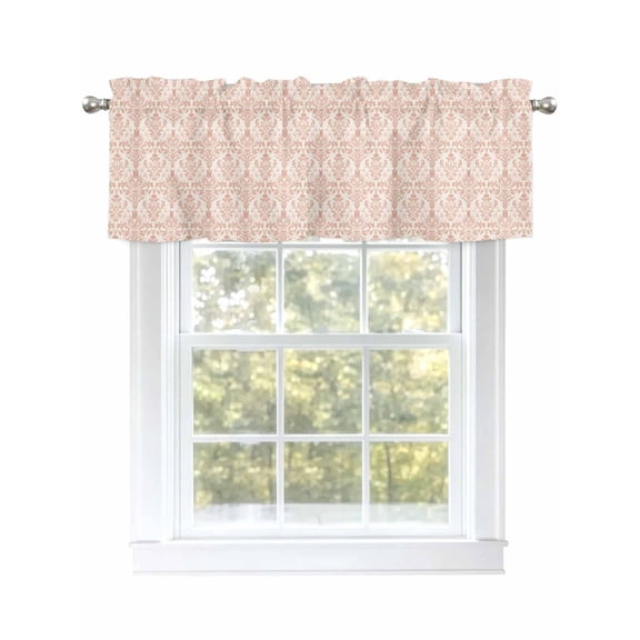 Pink Flowers Curtain Valances for Windows, Baroque Scroll Floral Damask Pattern Art Kitchen Valance Window Treatment, Light Filtering Block Curtains for Bathroom/Bedroom/Living Room 42'' x 18''