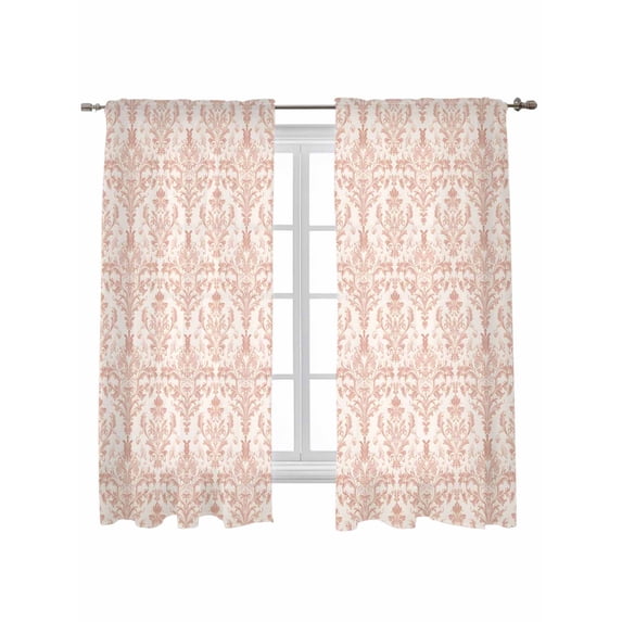 Pink Flowers Curtains 72 Inch Length, Sheer Curtains for Bedroom Living Room Window Baroque Scroll Floral Damask Pattern Art Rod Pocket Drapes Kitchen Curtains Small Half Window 52"x72" 2 Panels