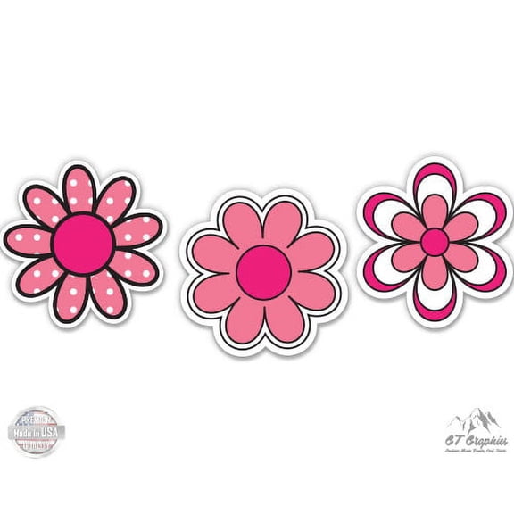 Pink Flowers Cute Simple Hippie Design - 2" each Vinyl Stickers - For Car Laptop I-Pad Phone Helmet Hard Hat - Waterproof Decals