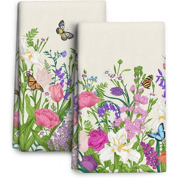 Pink Flowers Decorative Kitchen Towels Floral Dish Towels Absorbent Cute Botanic Dish Cloths Set Spring Summer Tea Hand Towels for Kitchen Farmhouse Holiday Home Decor (2 Pack, 16"x24")