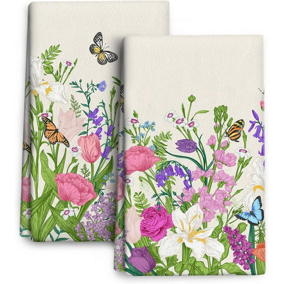 Pink Flowers Decorative Kitchen Towels Floral Dish Towels Absorbent Cute Botanic Dish Cloths Set Spring Summer Tea Hand Towels for Kitchen Farmhouse Holiday Home Decor (2 Pack, 16"x24")