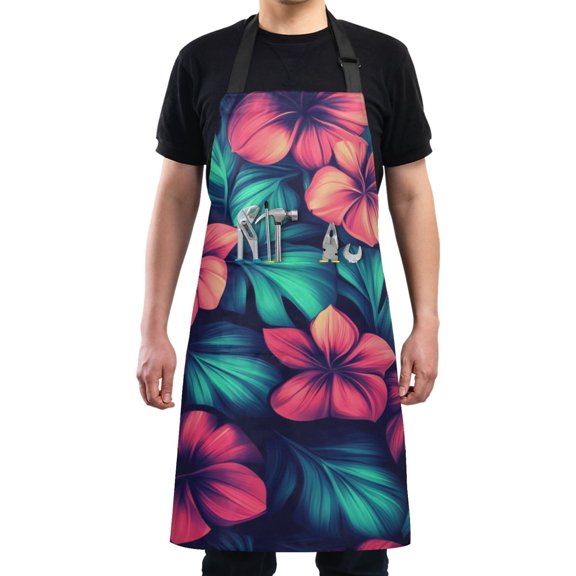 Pink Flowers Design Chef Kitchen Apron with Pockets for Women Waterproof Aprons for Cooking Baking