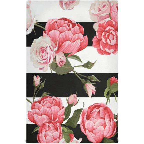 Pink Flowers Dish Towels 4 Pack, Black White Stripes Washable Tea Towels Dishcloths Lint-Free 18x28 Inch Fast Drying for Kitchen Restaurant Bar Clean