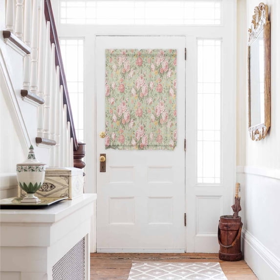Pink Flowers Door Curtains for Door Window, French Sidelight Front Back Door Curtains With Tieback, Green Country Botanical Floral Leaves Kitchen Rod Pocket Drapes Panel, 54"x40"