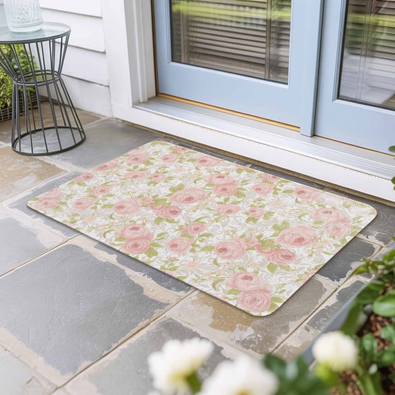 Pink Flowers Door Mat Indoor Outdoor,Country Botanical Floral Leaves Romantic Non Slip Welcome Mat with Rubber Backing,Absorbent Fabric Front Door Mats Entryway Rug for Home Patio Entrance 20"x31.5"