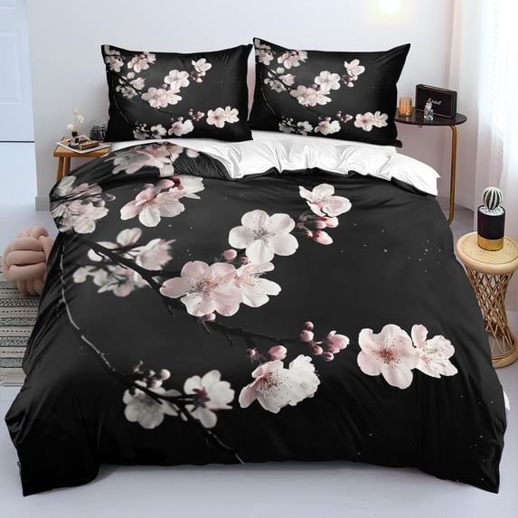 Pink Flowers Duvet Cover Cherry Comforter Cover Black Branch Bedding Set Botanical Bed Sets Floral Plants Quilt Cover with Zipper for Girl Boy